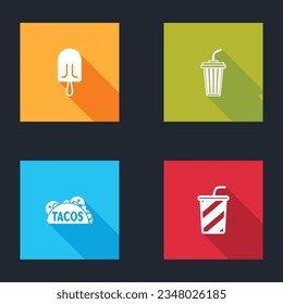 Set Ice cream, Glass with water, Taco tortilla and  icon. Vector
