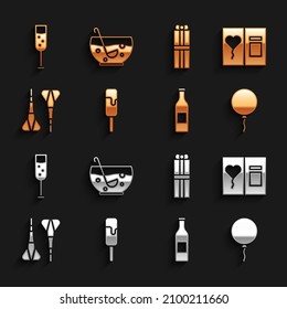 Set Ice cream, Greeting card, Balloon with ribbon, Beer bottle, Dart arrow, Gift box, Glass of champagne and Mixed punch bowl icon. Vector