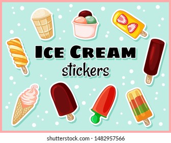 Set of ice cream hand drawn stickers. Cute ice cream label collection
