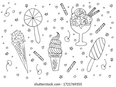 Conjunto de helados dibujados por una línea negra: palas de palo, cono de gofre, bolas de helado en un jarrón con rollos de chocolate, cereza y gofre. Ilustración vectorial. Fondo blanco de objeto aislado.