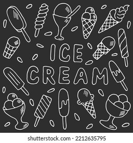 set of ice cream hand drawn on gray background with white outline .vector
