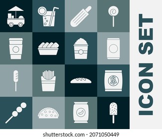 Set Ice cream, Hard bread chucks crackers, Soda can with straw, French hot dog, Chicken nuggets in box, Coffee cup to go, Fast street food cart and Popcorn icon. Vector