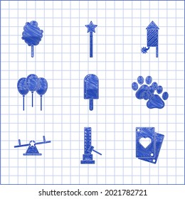 Set Ice cream, High striker attraction with big hammer, Playing card, Paw print, Seesaw, Balloons ribbon, Firework rocket and Cotton candy icon. Vector