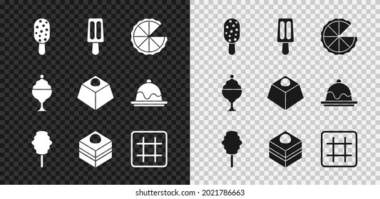 Set Ice cream, Homemade pie, Cotton candy, Brownie chocolate cake, Waffle, in bowl and  icon. Vector