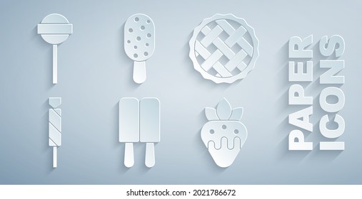 Set Ice cream, Homemade pie, Candy, Strawberry in chocolate,  and Lollipop icon. Vector