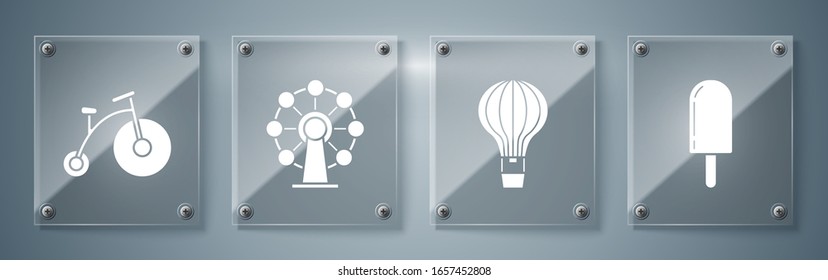 Set Ice cream, Hot air balloon, Ferris wheel and Vintage bicycle with one big wheel and one small. Square glass panels. Vector