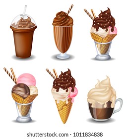 Set of  ice cream, hot chocolate, milk shake. On white background