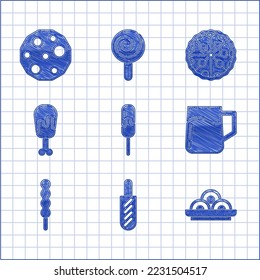 Set Ice cream, Hotdog sandwich, Asian noodles in bowl, Wooden beer mug, Lollipop, Chicken leg, Pizza and Cookie or biscuit icon. Vector