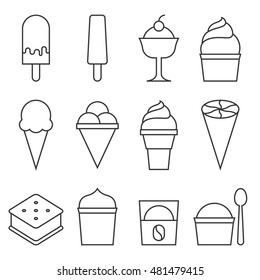 Set Of Ice Cream Icon Collection,lollipop, Sandwich, Cone, Cup, Affogato, Thin Line Vector