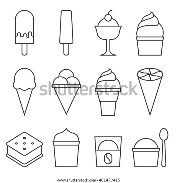 アイスクリームアイコンコレクション ロリポップ サンドイッチ コーン カップ アフォゲート 細線のベクター画像のセット のベクター画像素材 ロイヤリティフリー
