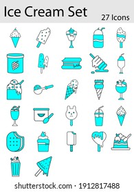 Set of Ice Cream Icon In Cyan And White Color.