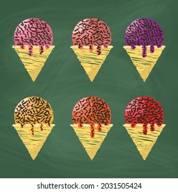 Set ice cream Icon design colorful chalk. Draw a picture on the blackboard.