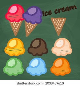 Set ice cream Icon design colorful chalk. Draw a picture on the blackboard.