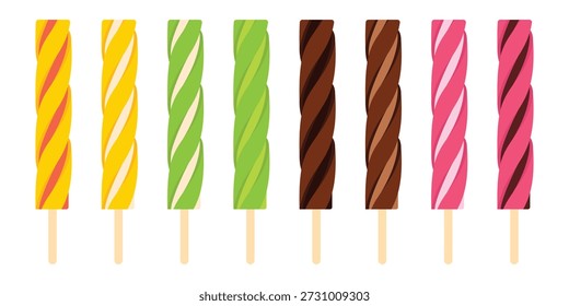 Set of ice cream icon designs with various flavors of spiral sticks