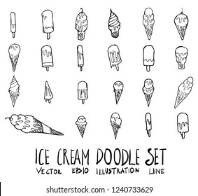 Set of Ice cream icon Drawing illustration Hand drawn doodle Sketch line vector