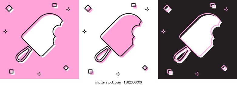 Set Ice cream icon isolated on pink and white, black background. Sweet symbol.  Vector Illustration