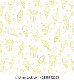 set of ice cream icon. seamless pattern with ice cream illustration isolated on white background. hand drawn vector, gold outline. wallpaper, wrapping paper and gift, backdrop, fabric, textile. 