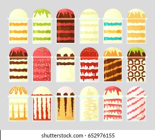 A set of ice cream icon in transparent cups with different fillings. Street food. Vector illustration.
