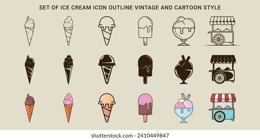 conjunto de diseño gráfico de la plantilla de ilustración del vector del icono de helado. colección de paquetes de varios gelato o alimentos congelados línea de arte vintage y dibujos animados concepto para tienda de negocios café o restaurante