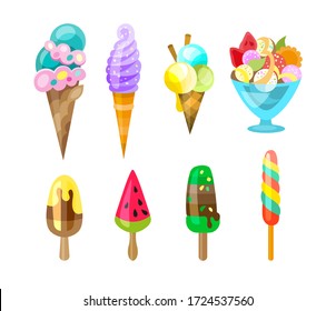 Set of ice cream icons in flat style. Ice cream on a stick, in waffle cup. 