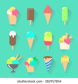 Set of ice cream icons in flat style on a stick, in waffle cup. Vector illustration