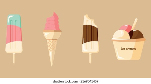 A set of ice cream icons. Four kinds of ice cream in the set. Strawberry ice cream in a cone. Chocolate dessert in balls and on a stick.