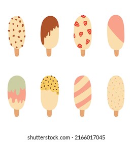set of ice cream icons, hand-drawn, yummy looking, decorated popsicles