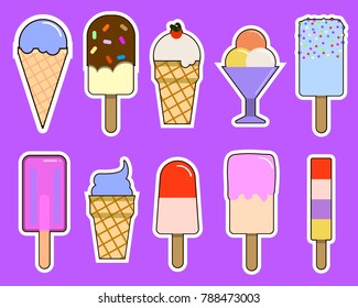 Set of ice cream icons. Ice cream on a stick, in waffle cup. Flat design Vector Illustration EPS