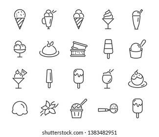 set of ice cream icons, such as  parfait, frozen yogurt, ice cream sundae, vanilla, chocolate 