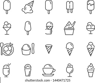 set of ice cream icons, such as  parfait, frozen yogurt, ice cream sundae, vanilla, chocolate 