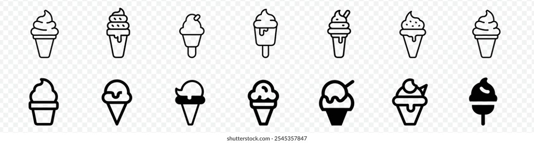 set of ice cream icons, such as parfait, frozen yogurt, ice cream sundae, vanilla, chocolate, ice cream in various forms including cones, popsicle, and cup, ice cream cone vector icon set.