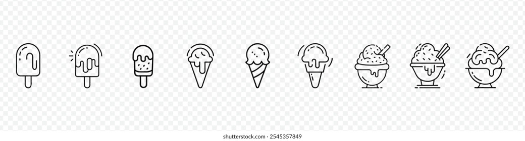 Conjunto de iconos de helado, como parfait, yogur congelado, helado de helado, vainilla, chocolate, helado en varias formas, incluidos conos, paletas y taza, conjunto de iconos de Vector de cono de helado.