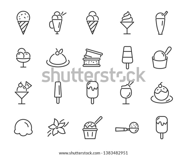 set of ice cream icons, such
as  parfait, frozen yogurt, ice cream sundae, vanilla, chocolate
