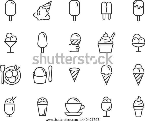 set of ice cream icons, such\
as  parfait, frozen yogurt, ice cream sundae, vanilla, chocolate\
