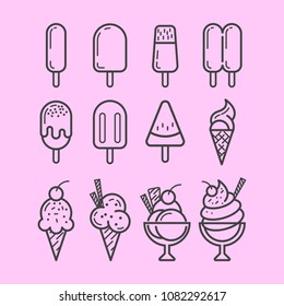 Set of Ice Cream Icons. Vector illustration in thin line style.