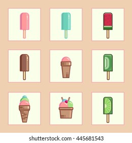 Set of ice cream icons. Vector flat line illustration on isolated background