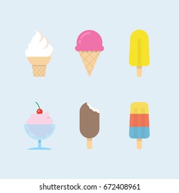 Set of ice cream icons. Vector ice cones, popsicles and ice cream balls in cups. Modern flat vector design.