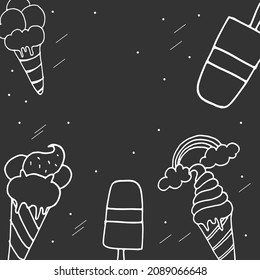 set of ice cream illustration on grey background. white outline, ice cream cone and stick. hand drawn vector. ice cream border, frame. doodle art for wallpaper, poster, banner, advertising, greeting.