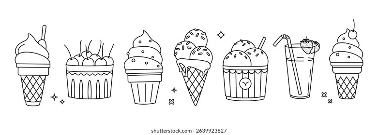 Set of ice cream isolated on white background. Vector set of line art ice cream and cocktail.