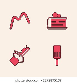 Set Ice cream, Jelly worms candy, Piece of cake and Bitten chocolate bar icon. Vector