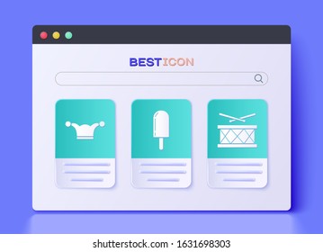 Set Ice cream, Jester hat with bells and Drum with drum sticks icon. Vector