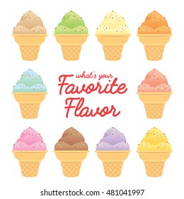 Set of ice cream with jimmies sprinkles in waffle cup isolated on white background. Colourful ice cream vector illustration in different flavour.