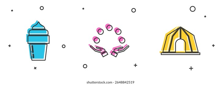 Set Ice cream, Juggling ball and Circus tent icon. Vector