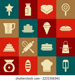 Set Ice cream, Kitchen apron, Homemade pie, Candy in heart shaped box, Stack of pancakes, Measuring cup, Lollipop and waffle cone icon. Vector