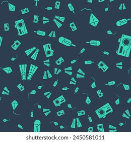 Set Ice cream, Kite, Rubber flippers and Photo camera on seamless pattern. Vector