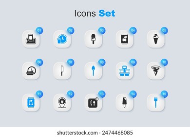 Set Ice cream, Knife, Round the clock delivery, Soda can, Fork, Slice of pizza, Food ordering on mobile and Spoon icon. Vector