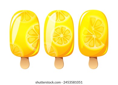 Set of ice cream with lemon, fruit popsicle on a wooden stick with pieces of lemon. Lemon ice cream. Summer cold dessert, frozen juice, fruit ice. Vector illustration.