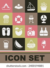 Set Ice cream, Life jacket, Electric fan, Yacht sailboat, Lifebuoy, Jellyfish, Tourist tent and Barbecue grill icon. Vector