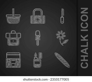 Set Ice cream, Lighter, French baguette bread, Flower, Home stereo with two speakers, Hiking backpack, Knife and Picnic basket icon. Vector