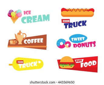 Set of Ice cream logo, burger, hot dog, fast food label for bakery menu, cafe, restaurant. Sweet donuts emblem template. Coffee badge, corn logo